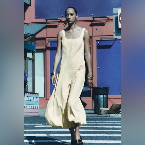 ZARA Cotton Blend Tank Midi Balloon Dress Zipper Bk Size Small Butter Yellow NEW - Picture 1 of 9
